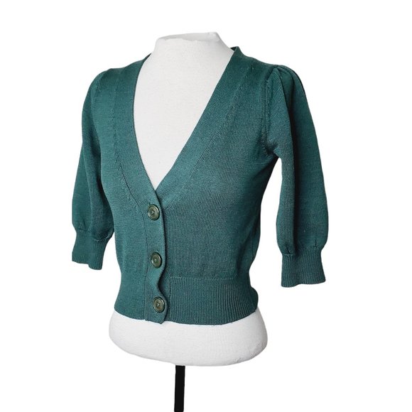 CLUB MONACO 100% Italian Merino Wool Preppy Cropped Puff Sleeve Cardigan - Picture 2 of 12